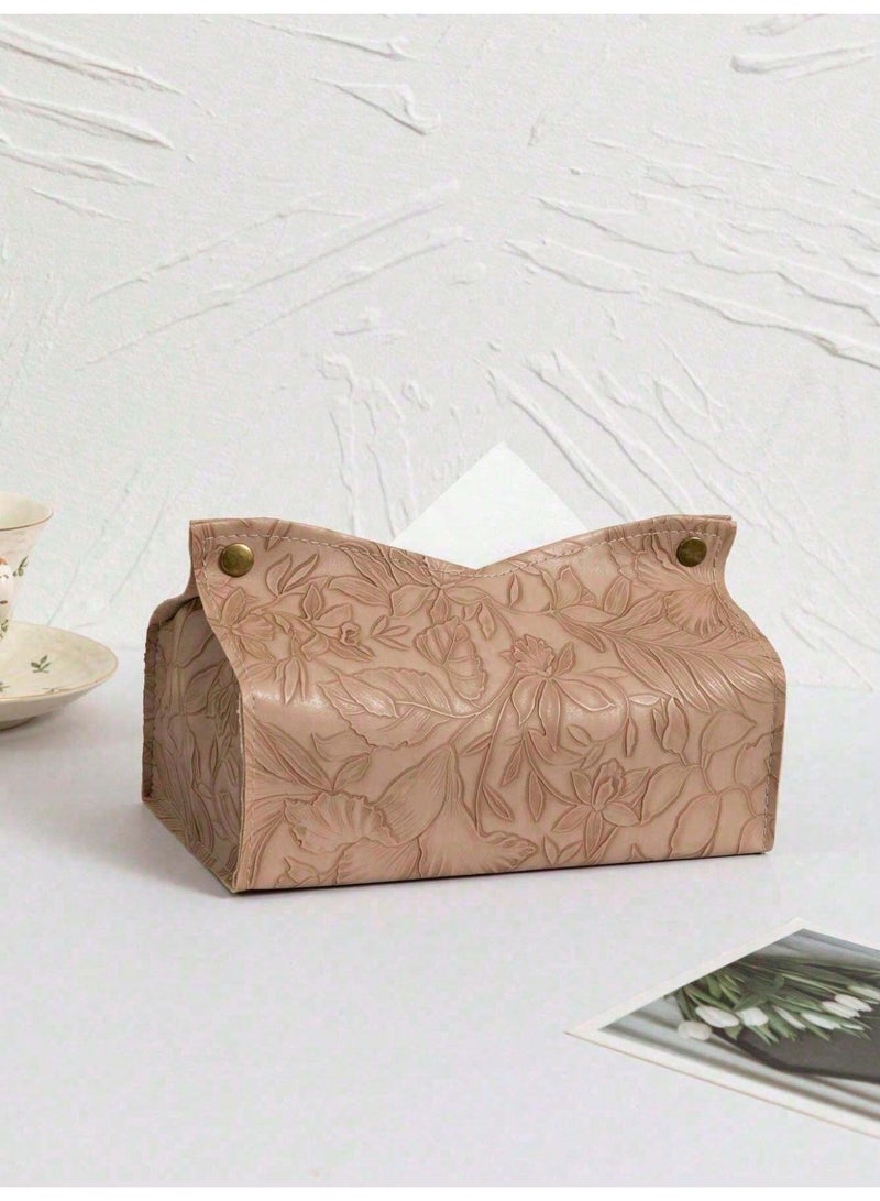 غطاء علبة مناديل بني فاتح فاخر بنقشة زهور بارزة – حامل مناديل جلد صناعي أنيق للمنزل والمكتب - Image 1